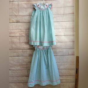 TWINS! TWO MARMELLATA SMOCKED SEERSUCKER‎ DRESSES WITH EMBROIDERED SEAHORSES